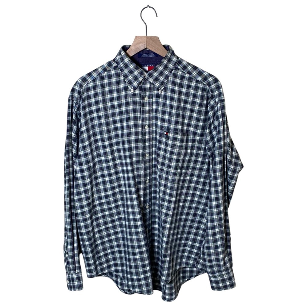 Tommy Hilfiger Men's Blue/Green/White Plaid Shirt, L